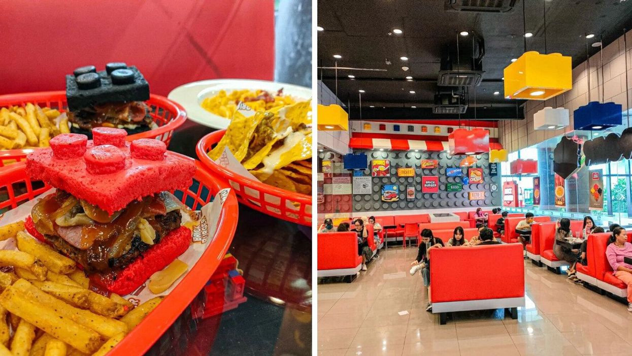 Brick Burgers with fries and nachos. Right: the interior of a Brick Burger location.
