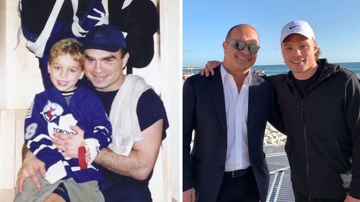 Tie Domi with his son Max in the Toronto Maple Leafs' dressing room. Right: Tie and Max Domi.