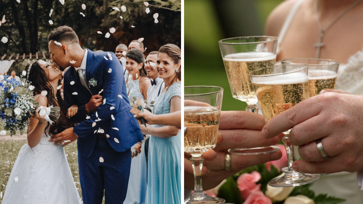 People cheering a couple on their wedding day. Right: A wedding toast with drinks.